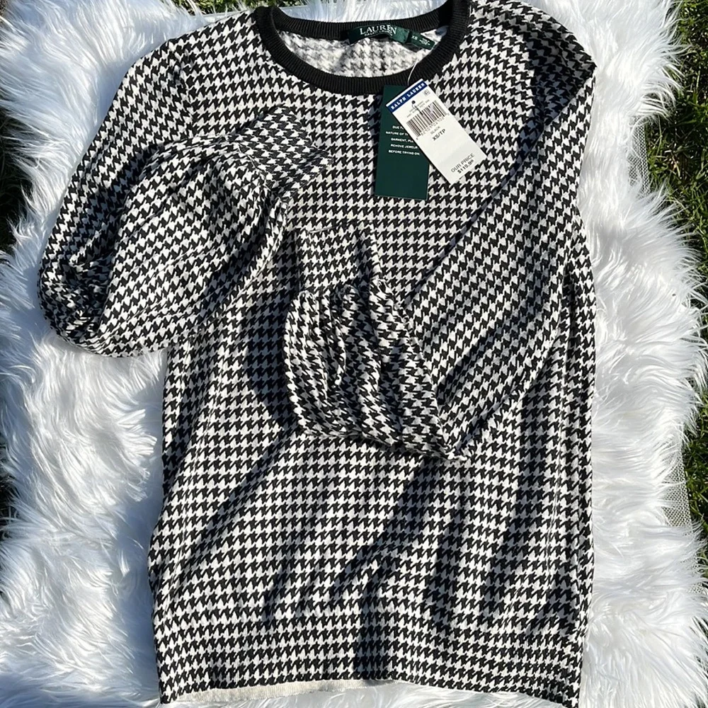 Ralph Lauren Houndstooth Sweater LRL Black White Fine Knit Blouse Women's XS NWT - Picture 3 of 11